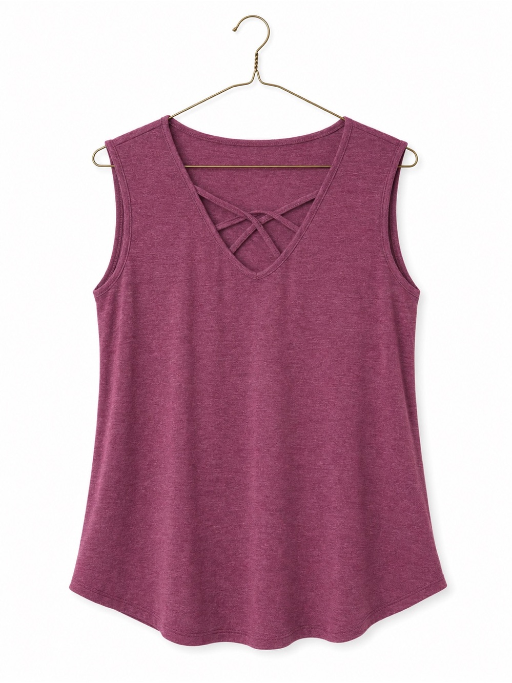 Sleeveless Crisscross V-Neck Tank Top - Plum Heather